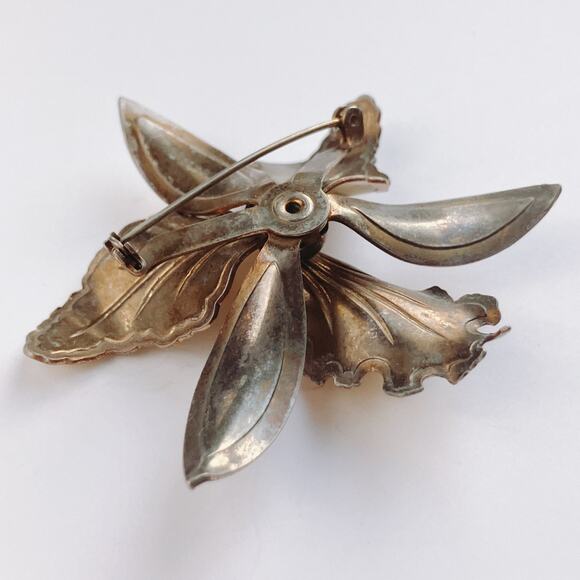 VTG 1950s Brooch Yellow Enamel Orchid Flower Gold Tone Mid Century Pin - Picture 9 of 9